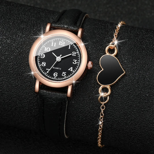2PCS/Set Fashion Small Dial Women Watches Leather Band Quartz Watch Heart Bracelet Set（Without Box）