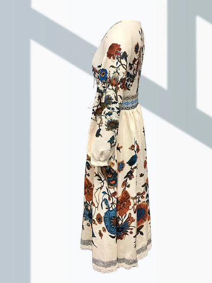 Boho Women's Long Dress Luxury Elegant Lace Patchwork Maxi Dress Flower Plants Pattern V Neck Lantern Sleeve Woman Long Dresses