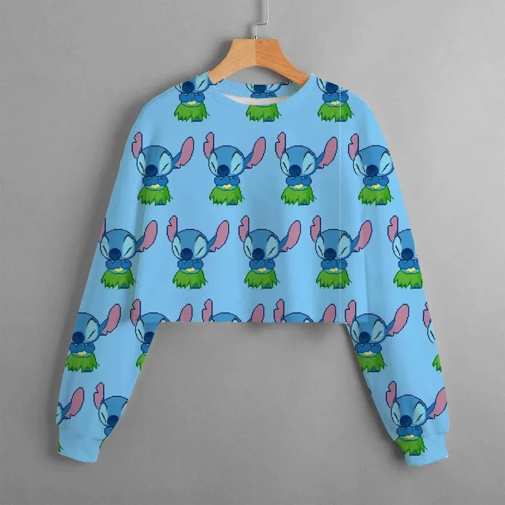 2024 Autumn New Girls Kids Clothing Print Cropped Hoodie Disney Stitch Casual Cute Cartoon Girls Sweatshirt Tops Classic Hoodie