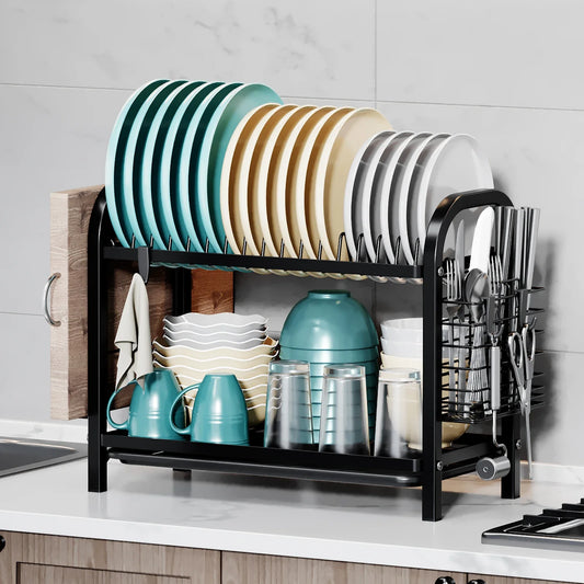 2tier Dish Organizer withKnife,Fork,Cutting Board and Water collection tray,Kitchen Storage Rack,Countertop Space-saving,Black