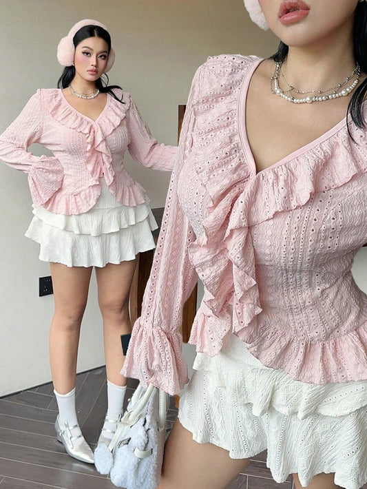 Plus Size Womens Elegant French Ruffle Flared Sleeve Women's Blouse Pink V-Neck Bubble Sleeve Sweetheart