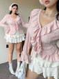 Plus Size Womens Elegant French Ruffle Flared Sleeve Women's Blouse Pink V-Neck Bubble Sleeve Sweetheart