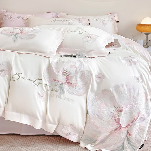 100% Egyptian Cotton Flowers Embroidery Luxury Bedding Set White/Pink Duvet Cover Set Bed Sheet/Fitted Sheet Pillowcases 4Pcs