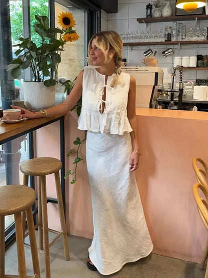 TRAF Women's Pleated Design Tie Sleeveless Vest + High Waist Half-body Skirt Two Piece Casual Fashion Half-body Skirt Set