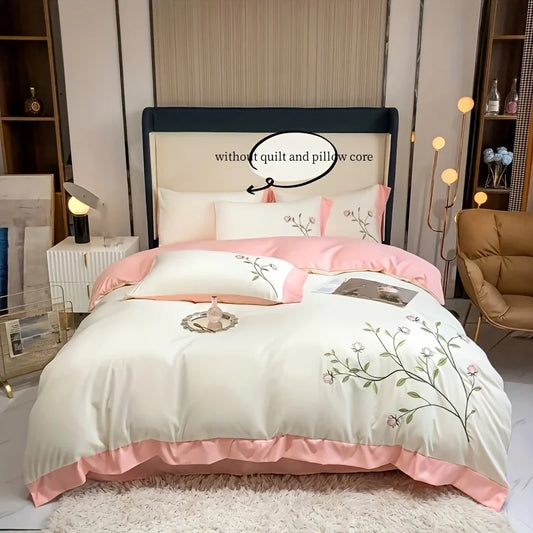 3pcs Elegant embroidery Duvet Cover Set (1*Duvet Cover + 2*Pillowcase, Without Core), blue pink soft Bedding Set for summer