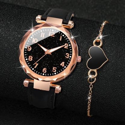 2PCS/Set Fashion Starry Sky Dial Women Watch Leather Band Quartz Watches Heart Bracelet Set