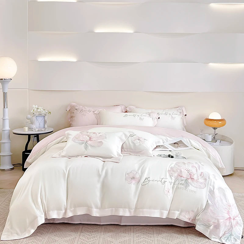 100% Egyptian Cotton Flowers Embroidery Luxury Bedding Set White/Pink Duvet Cover Set Bed Sheet/Fitted Sheet Pillowcases 4Pcs