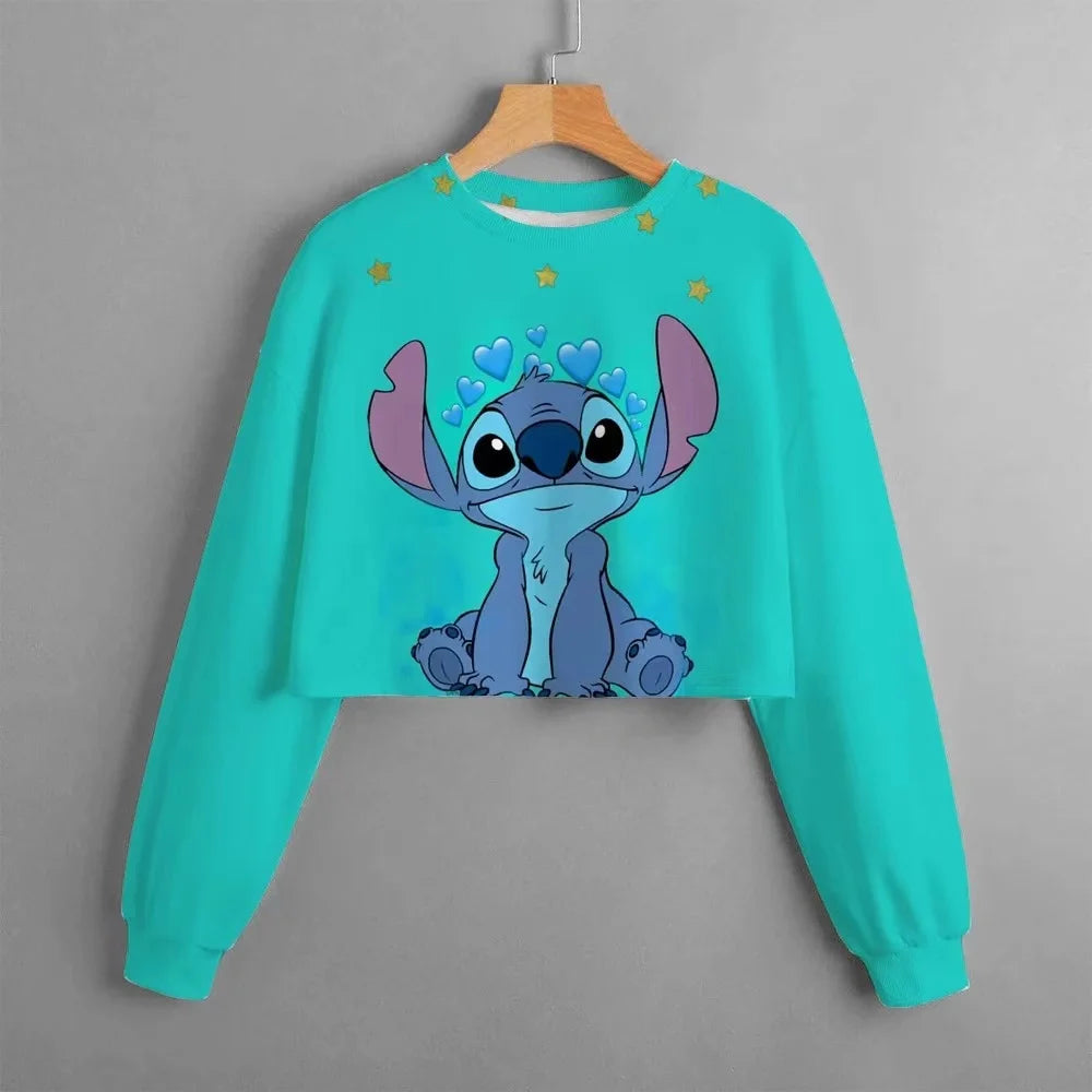 2024 Autumn New Girls Kids Clothing Print Cropped Hoodie Disney Stitch Casual Cute Cartoon Girls Sweatshirt Tops Classic Hoodie