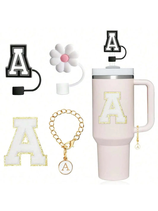 4Pcs Designed for Stanley Cup Accessories 30&40 Oz, 2Pcs Silicone Straw Cover,  Initial Name ID Letter Handle Charm