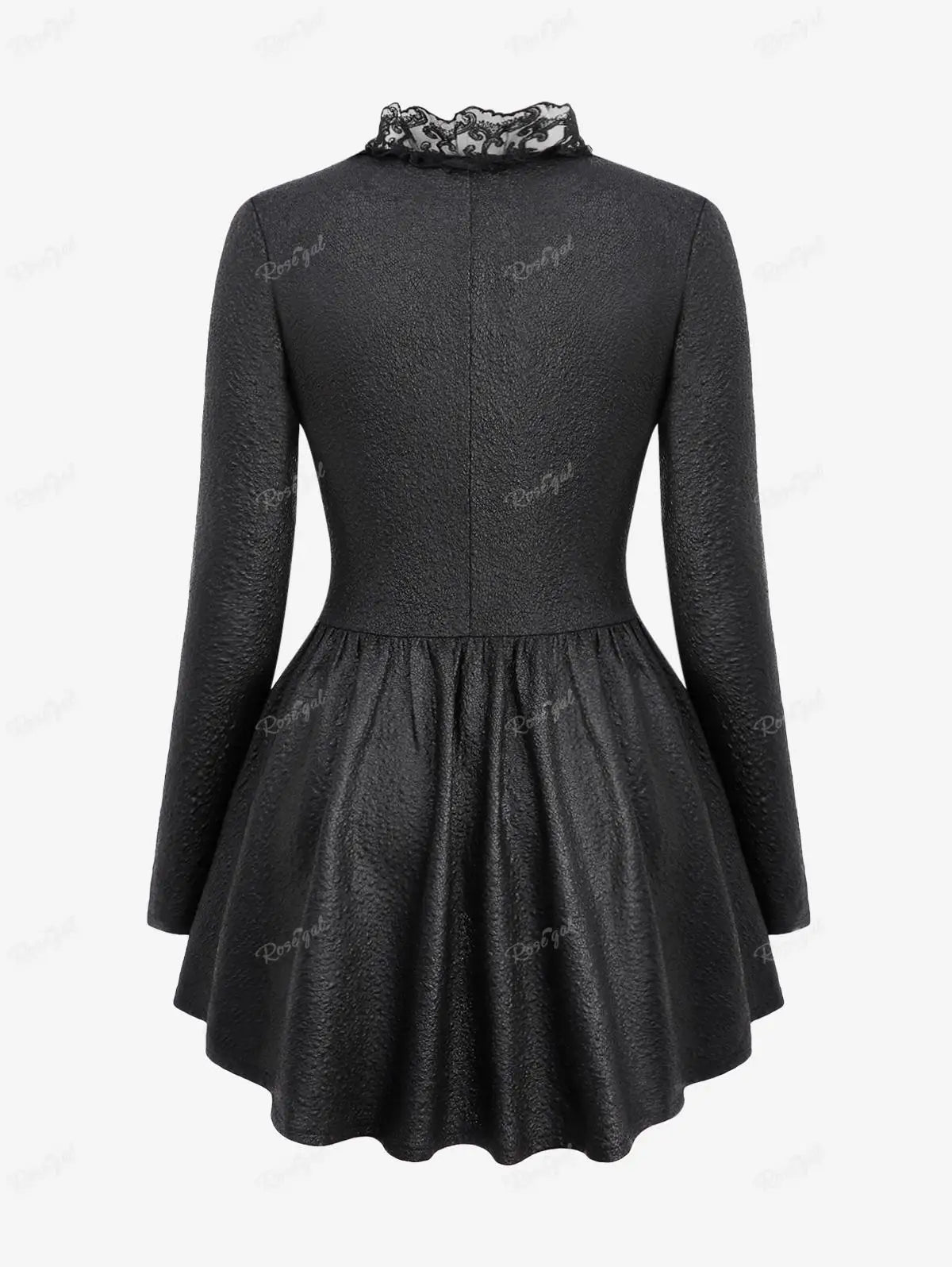 ROSEGAL Plus Size Gothic Coats Black Textured Floral Lace Trim Hook And Eye Ruffles Asymmetric Jackets Women Fall,Spring Outwear