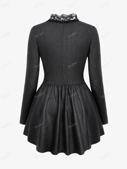 ROSEGAL Plus Size Gothic Coats Black Textured Floral Lace Trim Hook And Eye Ruffles Asymmetric Jackets Women Fall,Spring Outwear