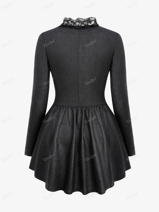 ROSEGAL Plus Size Gothic Coats Black Textured Floral Lace Trim Hook And Eye Ruffles Asymmetric Jackets Women Fall,Spring Outwear