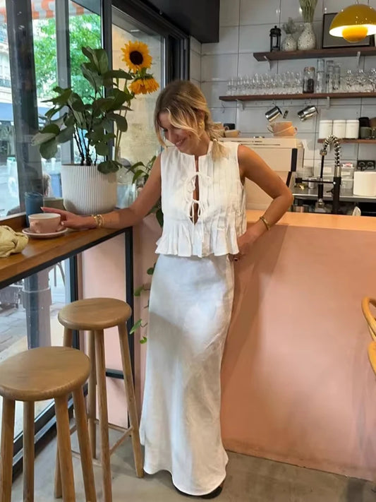 TRAF Women's Pleated Design Tie Sleeveless Vest + High Waist Half-body Skirt Two Piece Casual Fashion Half-body Skirt Set