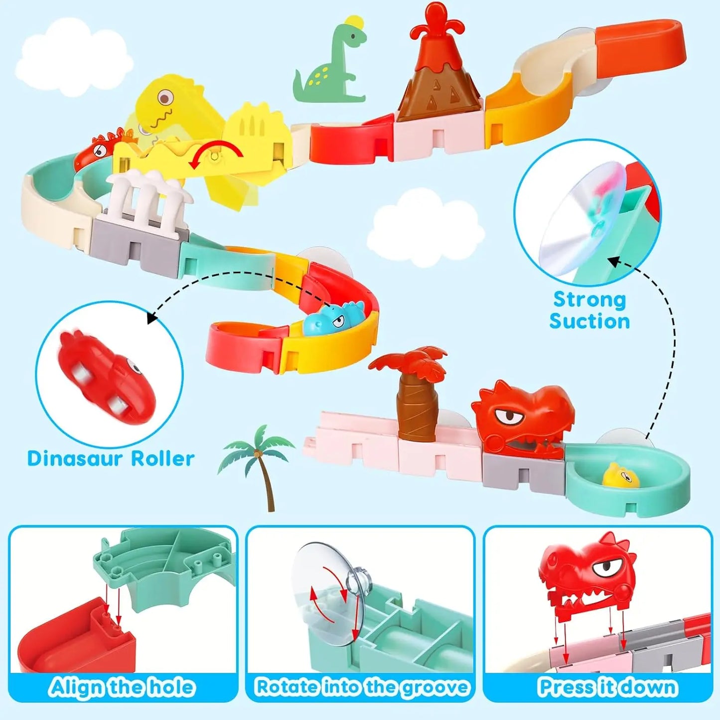 Bath Toys for Kids DIY Building Water Slide Tracks Dinosaur Bathtub Wall Toys for Toddlers Fun Baby Bathtime Bath Tub Shower