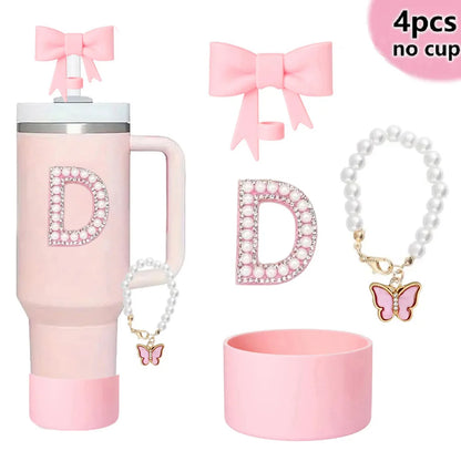 4pcs Silicone Tumbler Accessory Set for Stanley Cup Decor with Straw, Bow, Artificial Pearl Butterfly Keychain for Decoration