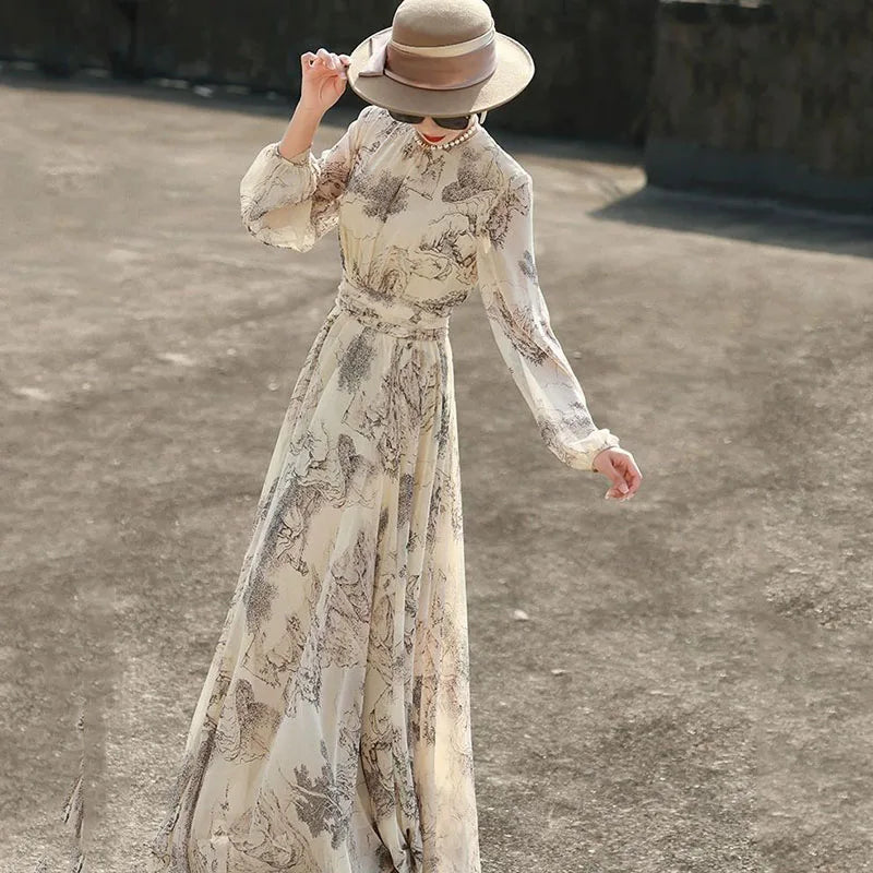Long Dress for Women 2025 Spring Beach Bohemian Elegant Maxi Dresses Casual Female Clothing Y2K Long Sleeve Print Party Vestido