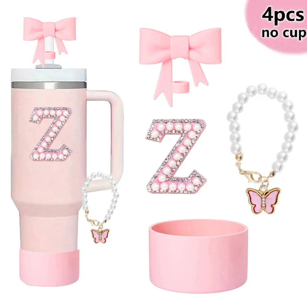 4pcs Silicone Tumbler Accessory Set for Stanley Cup Decor with Straw, Bow, Artificial Pearl Butterfly Keychain for Decoration