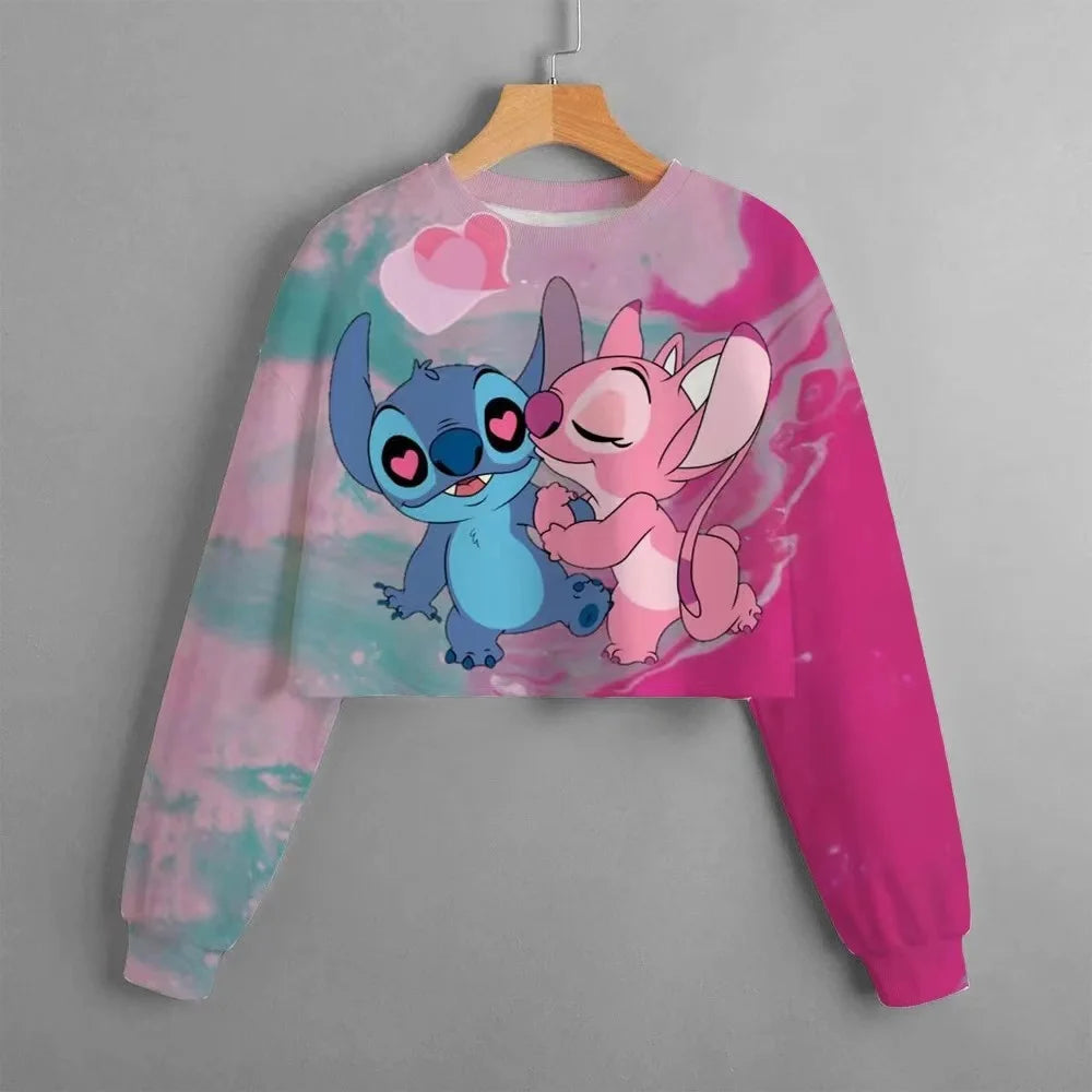 2024 Autumn New Girls Kids Clothing Print Cropped Hoodie Disney Stitch Casual Cute Cartoon Girls Sweatshirt Tops Classic Hoodie