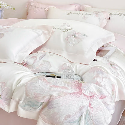 100% Egyptian Cotton Flowers Embroidery Luxury Bedding Set White/Pink Duvet Cover Set Bed Sheet/Fitted Sheet Pillowcases 4Pcs