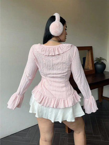 Plus Size Womens Elegant French Ruffle Flared Sleeve Women's Blouse Pink V-Neck Bubble Sleeve Sweetheart