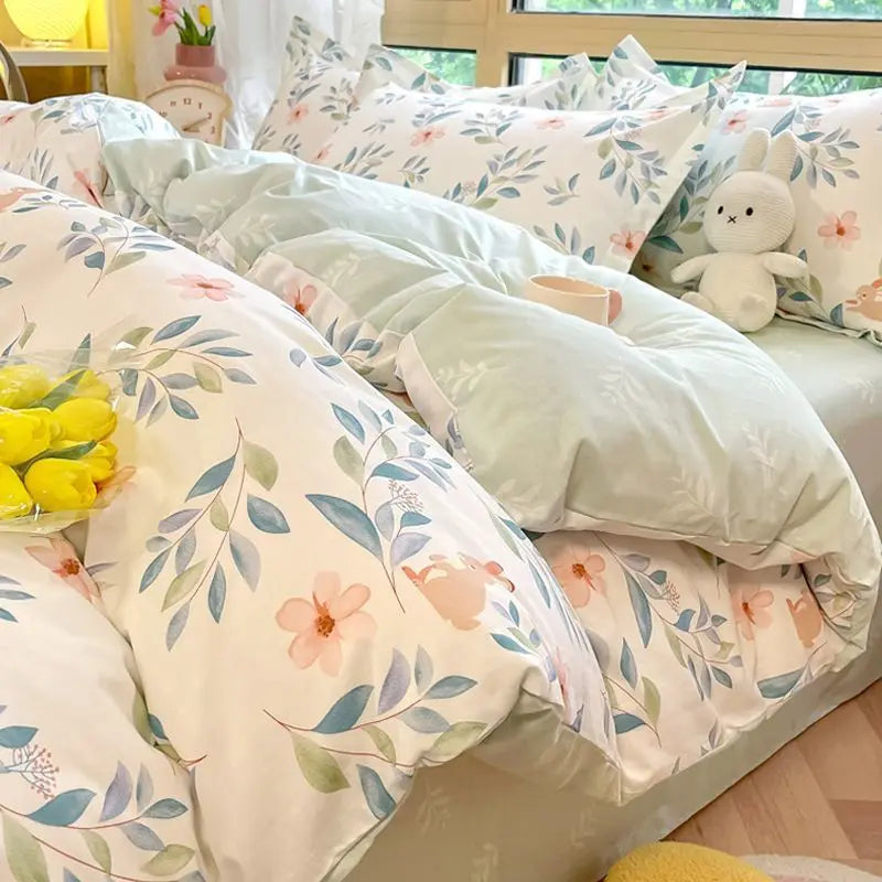 Ins Floral Bedding Set with Duvet Cover Flat Sheet Pillowcases New Summer No Filler Full Queen Size Hotel Home Soft Bed Linens