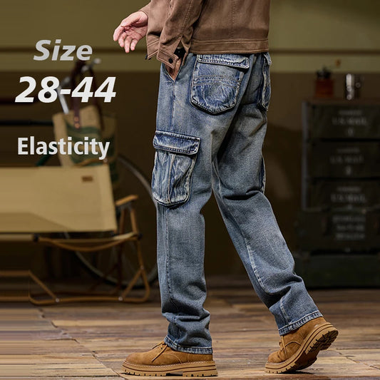 Autumn and Winter new elastic American retro multi -pocket Workers for denim  men's pants pants loose large size three -color