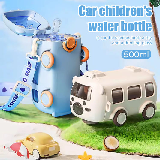 Summer Kids Straw Mug, Silicone Straw 14 Years Junior Straw Mug, 500ml Cartoon Car Mug with Carrying Strap