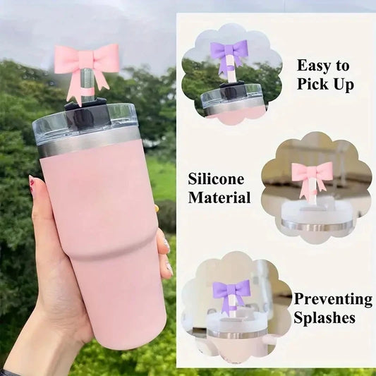 4pcs Silicone Tumbler Accessory Set for Stanley Cup Decor with Straw, Bow, Artificial Pearl Butterfly Keychain for Decoration