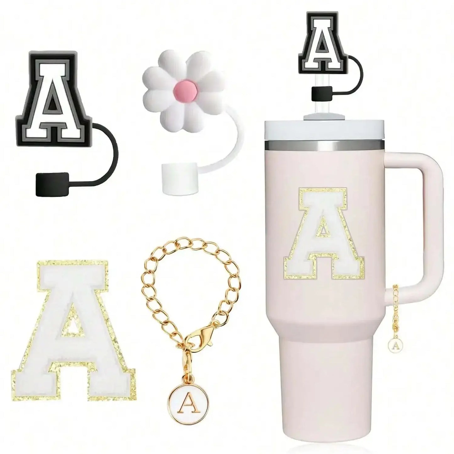 4Pcs Designed for Stanley Cup Accessories 30&40 Oz, 2Pcs Silicone Straw Cover,  Initial Name ID Letter Handle Charm