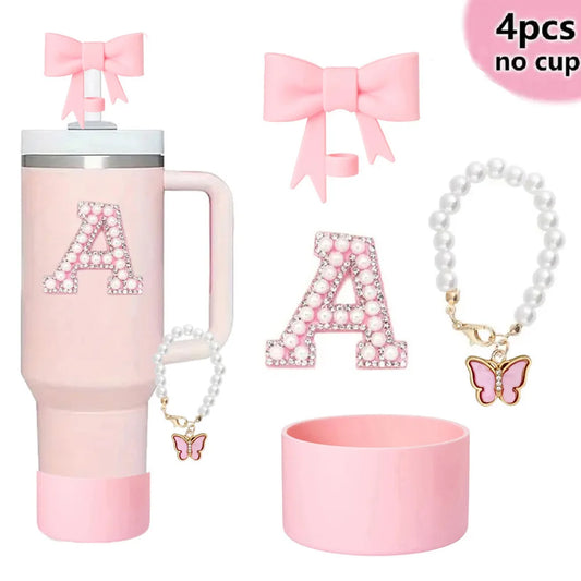 4pcs Silicone Tumbler Accessory Set for Stanley Cup Decor with Straw, Bow, Artificial Pearl Butterfly Keychain for Decoration