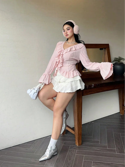 Plus Size Womens Elegant French Ruffle Flared Sleeve Women's Blouse Pink V-Neck Bubble Sleeve Sweetheart