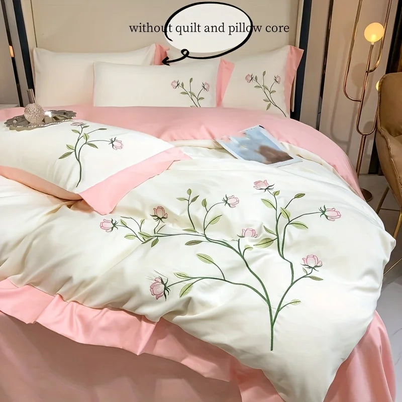 3pcs Elegant embroidery Duvet Cover Set (1*Duvet Cover + 2*Pillowcase, Without Core), blue pink soft Bedding Set for summer