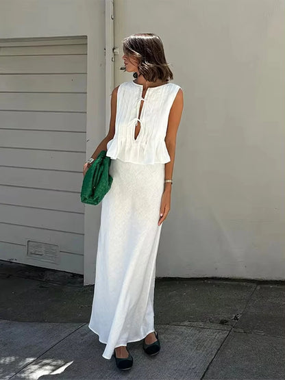TRAF Women's Pleated Design Tie Sleeveless Vest + High Waist Half-body Skirt Two Piece Casual Fashion Half-body Skirt Set