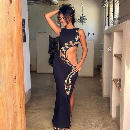 European and American 2024 summer new round neck sleeveless snake print navel-exposed hollow slit long dress
