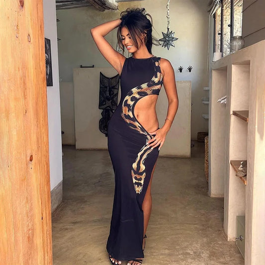 European and American 2024 summer new round neck sleeveless snake print navel-exposed hollow slit long dress