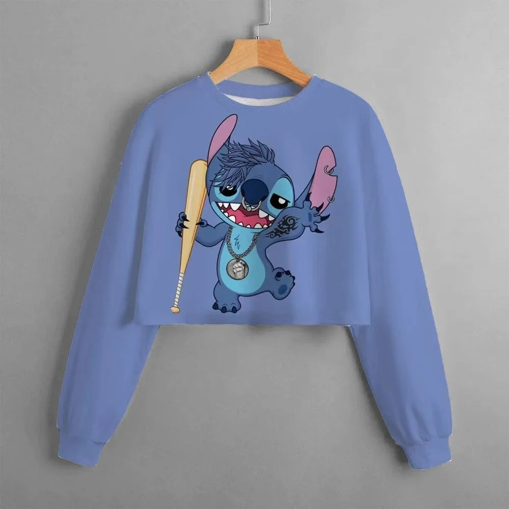 2024 Autumn New Girls Kids Clothing Print Cropped Hoodie Disney Stitch Casual Cute Cartoon Girls Sweatshirt Tops Classic Hoodie