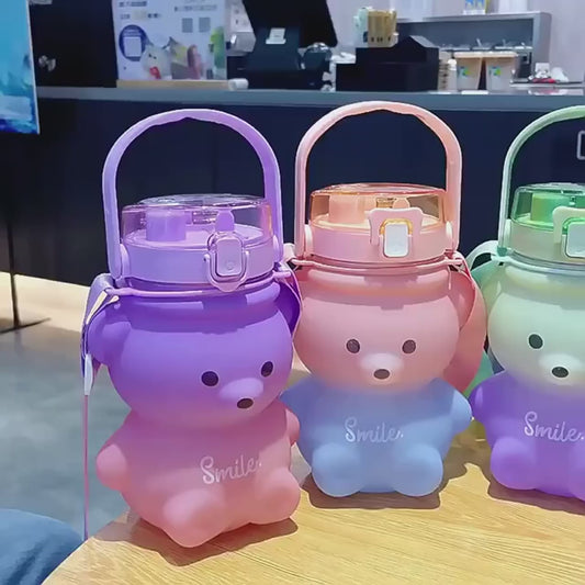 1pc Cute Bear Water Bottle BPA-Free Portable Kettle with Straw & Shoulder Strap Heat-Resistant Large-Capacity