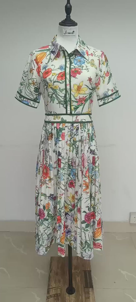 JAMERARY Runway Design Fashion Floral Print Elegant Summer Pleated Midi Long Dress Shirt Street Casual Lady Office Work Dresses